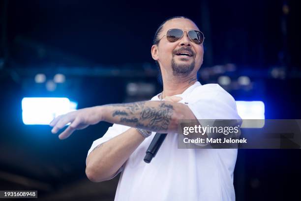 Bizzy Bone performs at JuicyFest at Fremantle Oval on January 14, 2024 in Perth, Australia.