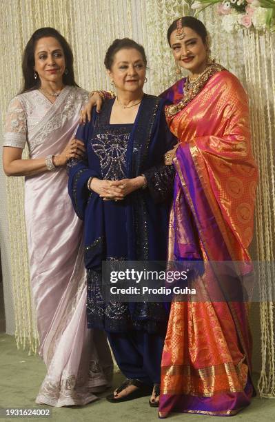 Hema Malini, Saira Banu and Rekha attend the Nupur Shikhare and Ira Khan wedding reception on January 13, 2024 in Mumbai, India.