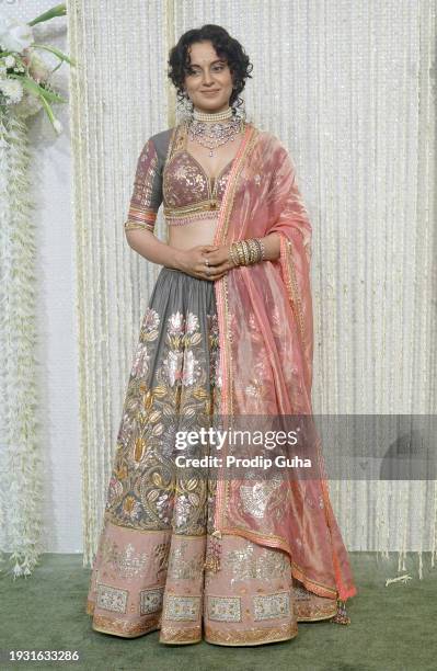 Kangana Ranaut attends the Nupur Shikhare and Ira Khan wedding reception on January 13, 2024 in Mumbai, India.