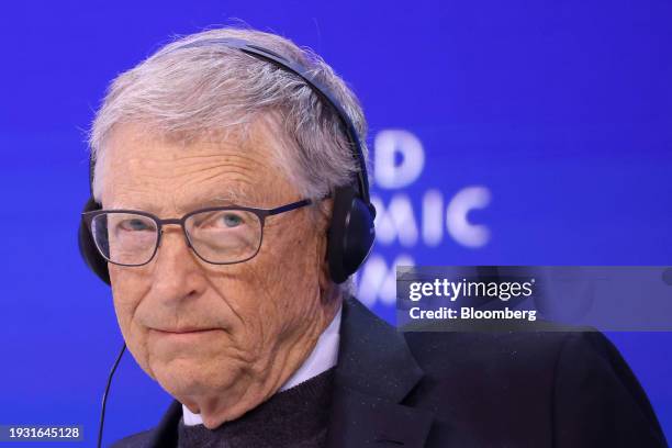 Bill Gates, billionaire and co-chairman of the Bill and Melinda Gates Foundation, during a panel session on day two of the World Economic Forum in...