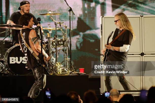 Nik Hughes and Gavin Rossdale of Bush perform onstage with Jerry Cantrell of Alice in Chains at the 2024 iHeartRadio ALTer EGO Presented by Capital...