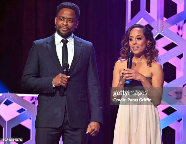 Dulé Hill and Essence Atkins speak onstage during the 2024 Beloved Community Awards at Hyatt Regency Atlanta on January 13, 2024 in Atlanta, Georgia....