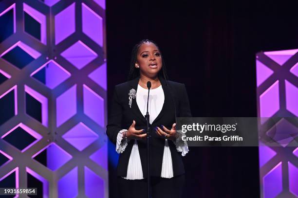 Tamika Mallory speaks onstage during the 2024 Beloved Community Awards at Hyatt Regency Atlanta on January 13, 2024 in Atlanta, Georgia. Formerly...