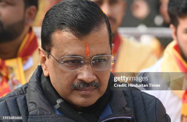 Delhi CM Arvind Kejriwal with wife Sunita Kejriwal join Sunderkand path at Prachin Balaji Mandir, Rohini Sector 11, on January 16, 2024 in New Delhi,...