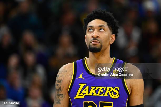 Christian Wood of the Los Angeles Lakers in action during the second half of a game against the Utah Jazz at Delta Center on January 13, 2024 in Salt...