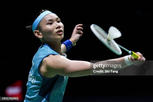 Tai Tzu Ying of Chinese Taipei competes in the Women's Singles Final match against An Se Young of Korea during day six of the Malaysia Open at Axiata...