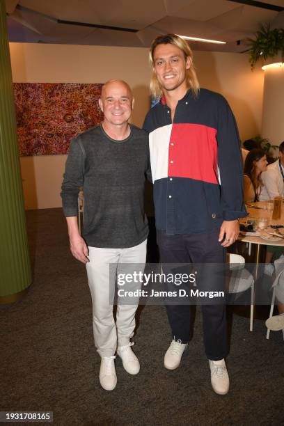 Andre Agassi and Darcy Moore attend the ‘Set in Style’ dinner to launch the first ever Sunday night session of the Australian Open at Melbourne Park...