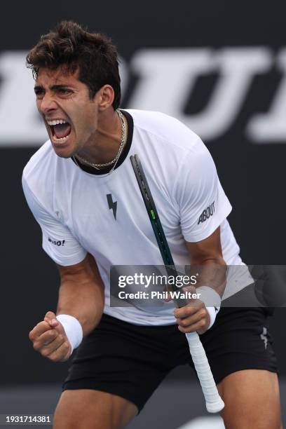 Cristian Garin of Chile celebrates a break point in their round one singles match against Christopher O'Connell of Australia during day one of the...