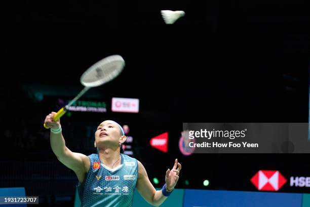Tai Tzu Ying of Chinese Taipeh in action against An Se Young of Korea in their women singles final during day 6 of the Petronas Malaysia Open at...