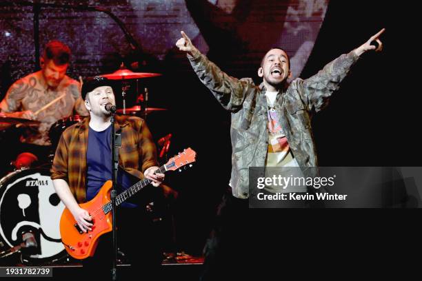 Andy Hurley and Patrick Stump of Fall Out Boy perform onstage with Mike Shinoda of Linkin Park at the 2024 iHeartRadio ALTer EGO Presented by Capital...