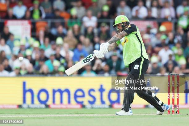 Alex Hales of the Thunder bats during the BBL match between Sydney Thunder and Adelaide Strikers at Manuka Oval, on January 14 in Canberra, Australia.