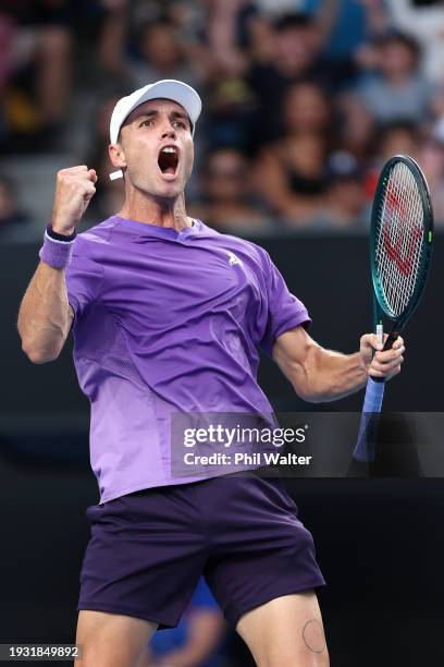 Christopher O'Connell of Australia celebrates match point in their round one singles match against Cristian Garin of Chile during day one of the 2024...