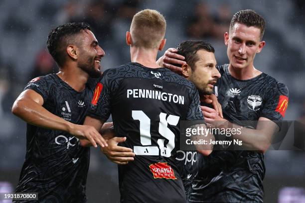 Kosta Barbarouses of the Phoenix celebrates scoring a goal during the A-League Men round 12 match between Perth Glory and Wellington Phoenix at...