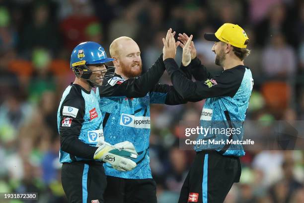 Lloyd Pope of the Strikers celebrates taking the wicket of Alex Ross of the Thunder during the BBL match between Sydney Thunder and Adelaide Strikers...