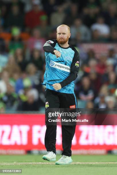 Lloyd Pope of the Strikers celebrates taking the wicket of Alex Ross of the Thunder during the BBL match between Sydney Thunder and Adelaide Strikers...