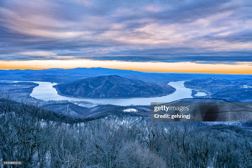 The beautiful Danube river curve at dawn, Pest county, Hungary