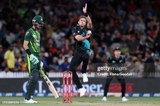 Tim Southee of New Zealand bowls during game two of the Twenty20 series between New Zealand and Pakistan at Seddon Park on January 14, 2024 in...