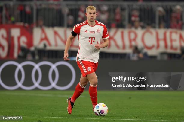 Matthijs de Ligt of FC Bayern München runs with the ball during the Bundesliga match between FC Bayern München and TSG Hoffenheim at Allianz Arena on...