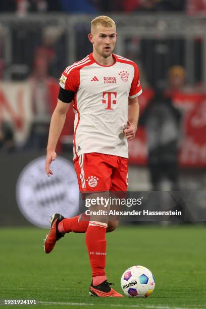 Matthijs de Ligt of FC Bayern München runs with the ball during the Bundesliga match between FC Bayern München and TSG Hoffenheim at Allianz Arena on...