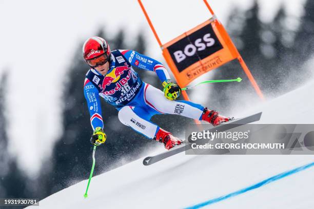 France's Blaise Giezendanner competes during the second training of the men's Downhill of FIS ski alpine world cup in Kitzbuehel, Austria on January...