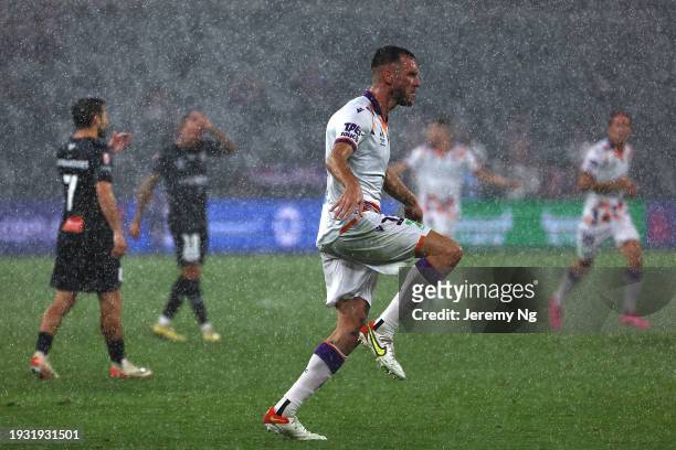 Aleksandar Susnjar of the Glory celebrates scoring a goal during the A-League Men round 12 match between Perth Glory and Wellington Phoenix at...