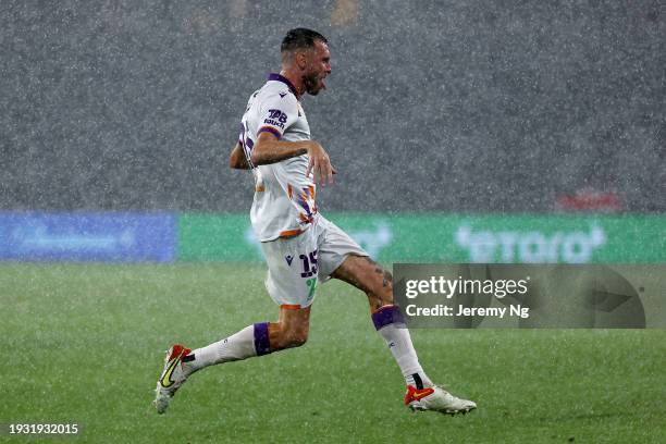 Aleksandar Susnjar of the Glory celebrates scoring a goal during the A-League Men round 12 match between Perth Glory and Wellington Phoenix at...