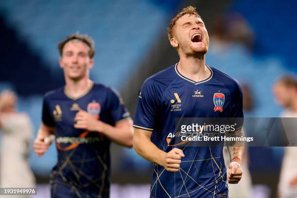 Phillip Cancar of the Jets celebrates scoring a goal during the A-League Men round 12 match between Brisbane Roar and Newcastle Jets at Allianz...