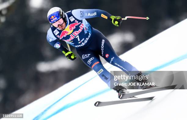 Italy's Dominik Paris competes during the second training of the men's Downhill of FIS ski alpine world cup in Kitzbuehel, Austria on January 17,...