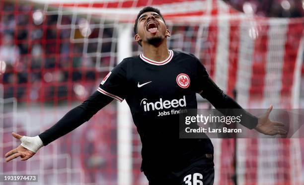 Ansgar Knauff of Eintracht Frankfurt celebrates after scoring his teams first goal during the Bundesliga match between RB Leipzig and Eintracht...