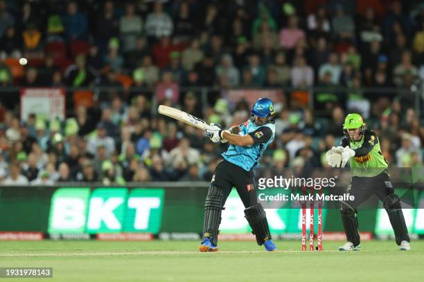 Jake Weatherald of the Strikers bats during the BBL match between Sydney Thunder and Adelaide Strikers at Manuka Oval, on January 14 in Canberra,...