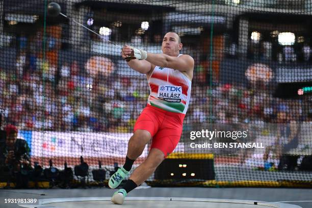 Hungary's Bence Halasz competes in the men's hammer throw final during the World Athletics Championships at the National Athletics Centre in Budapest...