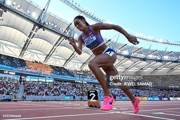 Britain's Katarina Johnson-Thompson starts off in the women's heptathlon 800m during the World Athletics Championships at the National Athletics...