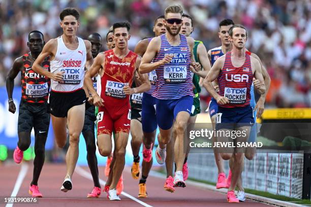 Britain's Josh Kerr, Spain's Mario Garcia, USA's Cole Hocker, and other athletes compete in the men's 1500m semi-final during the World Athletics...