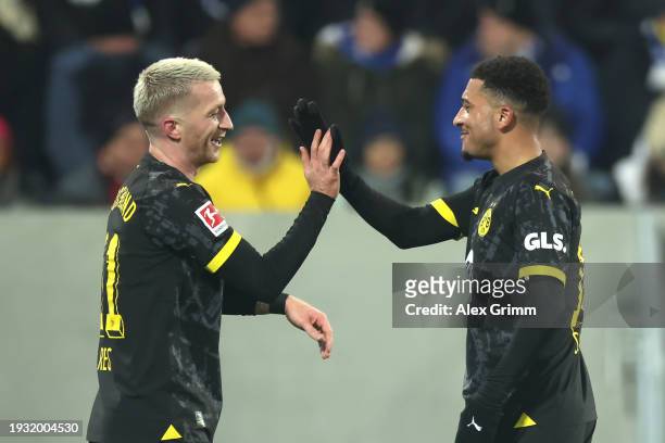 Marco Reus of Borussia Dortmund celebrates the team's second goal with teammate Jadon Sancho during the Bundesliga match between SV Darmstadt 98 and...