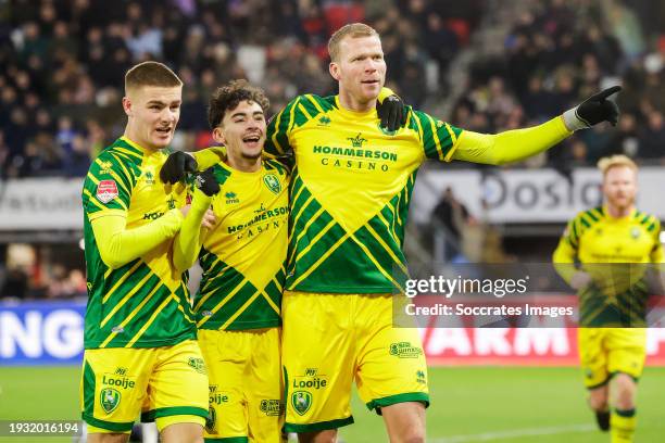 Maikey Houwaart of ADO Den Haag, Malik Sellouki of ADO Den Haag, Henk Veerman of ADO Den Haag celebrate 1-2 during the Dutch KNVB Beker match between...