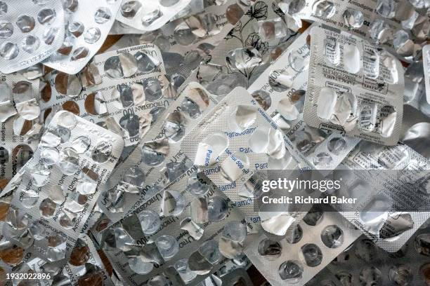 Detail of silver foils that once contained tablets, treatments and medications such as Paracetamol and Amlodipine, on 17th January 2024, in London,...