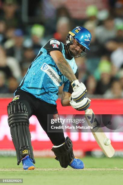 Jake Weatherald of the Strikers bats during the BBL match between Sydney Thunder and Adelaide Strikers at Manuka Oval, on January 14 in Canberra,...