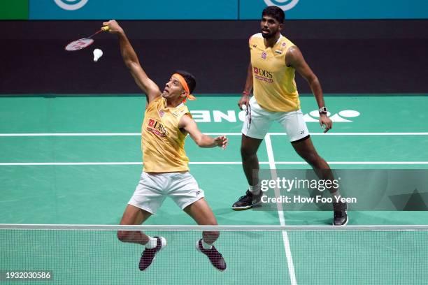 Satwiksairaj Rankireddy and Chirag Shetty of India in action against Liang Wei Keng and Wang Chang of Chinain their men doubles final during day 6 of...