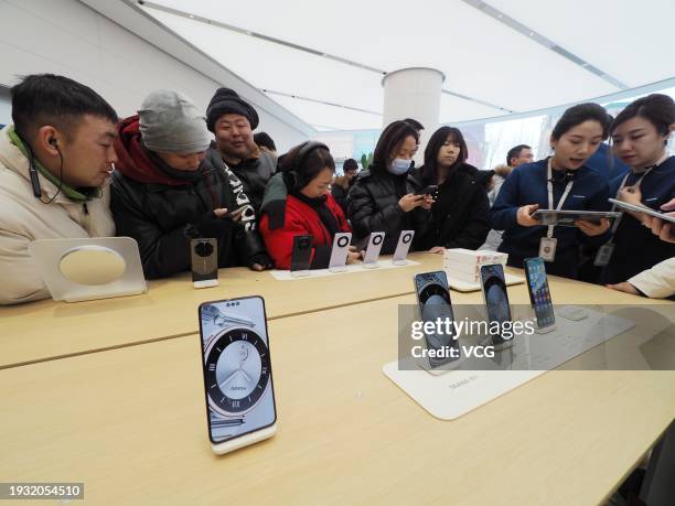 People visit Huawei's flagship store on January 13, 2024 in Beijing, China. Huawei's first flagship store in Beijing opened on January 13.