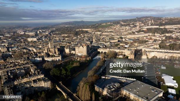 An aerial view of the stadium prior to the Investec Champions Cup match between Bath Rugby and Racing 92 at Recreation Ground on January 14, 2024 in...