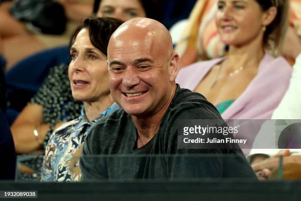 Andre Agassi attends the round one singles match between Novak Djokovic of Serbia and Dino Prizmic of Croatia at Rod Laver Arena during day one of...