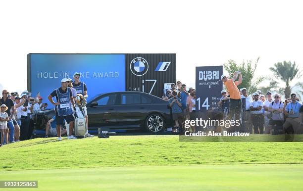 Rory McIlroy of Northern Ireland tees off on the 17th hole on Day Four of the Dubai Invitational at Dubai Creek Golf and Yacht Club on January 14,...