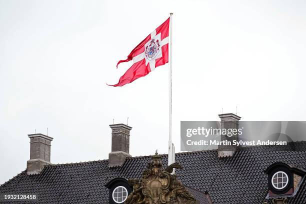 The Royal Standard of Denmark is on display ahead of the proclamation of HM King Frederik X and HM Queen Mary of Denmark at Amalienborg Palace Square...