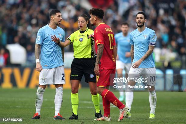 Referee, Maria Sole Ferrieri Caputi breaks up Mattia Zaccagni of SS Lazio and Valentin Gendrey of US Lecce during the Serie A TIM match between SS...