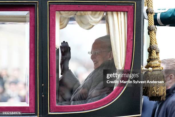 Queen Margrethe II of Denmark leaves for the proclamation of HM King Frederik X and HM Queen Mary of Denmark at Amalienborg Palace Square on January...