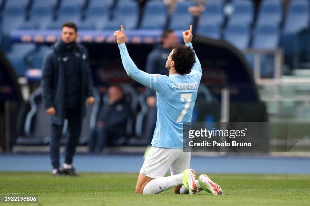 Felipe Anderson of SS Lazio celebrates after scoring his team's first goal during the Serie A TIM match between SS Lazio and US Lecce - Serie A TIM...