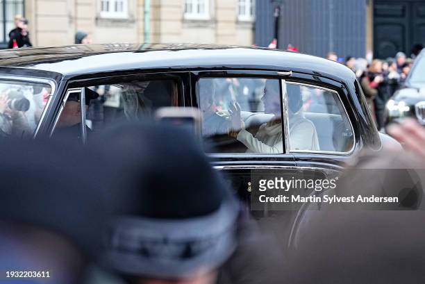 The car carrying Crown Princess Mary and Crown Prince Frederik of Denmark leaves for their proclamation as King Frederik X and HM Queen Mary of...