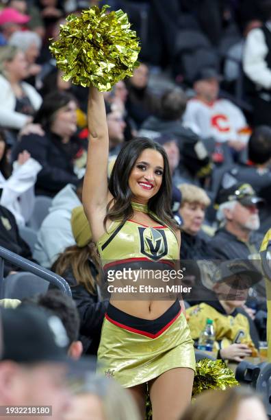 Member of the Vegas Golden Knights Vegas Vivas cheerleaders cheers in the stands before the team's game against the Calgary Flames at T-Mobile Arena...