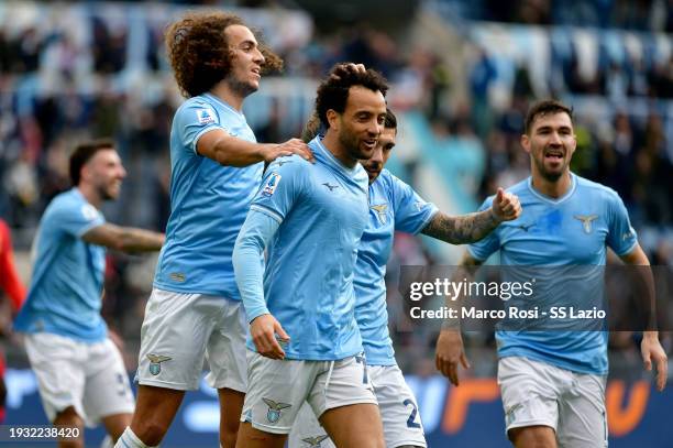 Felipe Anderson of SS Lazio celebrates the opening goal with his team mates during the Serie A TIM match between SS Lazio and US Lecce - Serie A TIM...