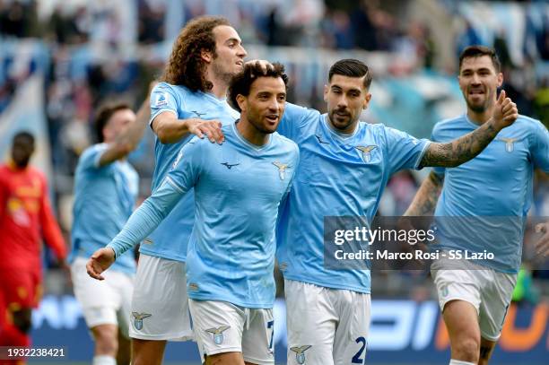 Felipe Anderson of SS Lazio celebrates the opening goal with his team mates during the Serie A TIM match between SS Lazio and US Lecce - Serie A TIM...